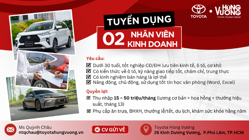 TOYOTA HÙNG VƯƠNG TUYỂN DỤNG 02 NHÂN VIÊN KINH DOANH